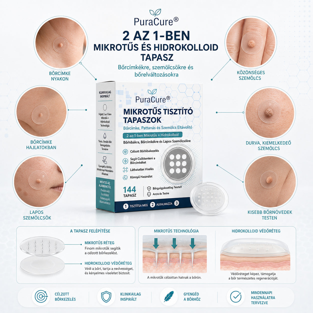 ✨PuraCure® 2 az 1-ben mikrotűs és hidrokolloid tapasz🍀 | Kiálló anyajegyek, aknék, lapos szemölcsök és bőrnövedékek eltávolítására | Segít csökkenteni a ráncokat, hegeket és bőrhibákat | Láthatatlan tapasz az arcra és testre